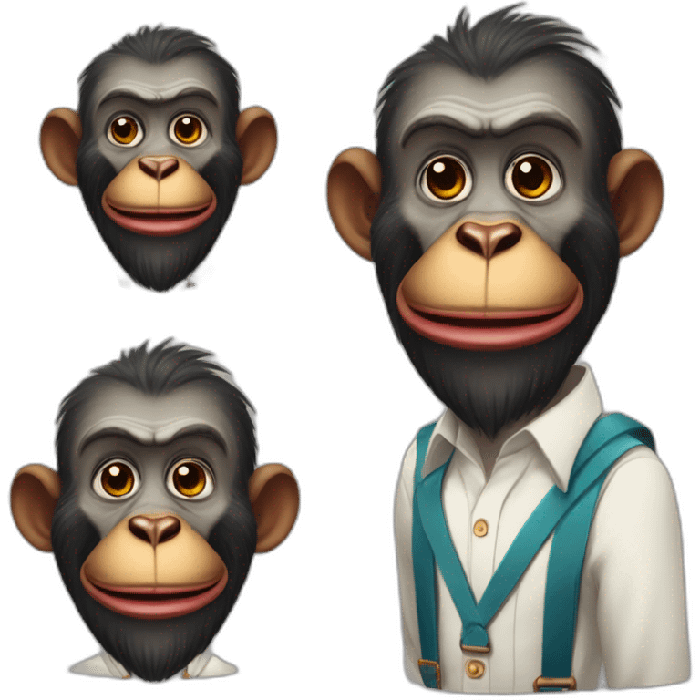 Funny Mandrill with a human look bold with beard wears a shirt and Suspenders in the shirt neck a butterfly like a clown putting his index finger in his nose emoji