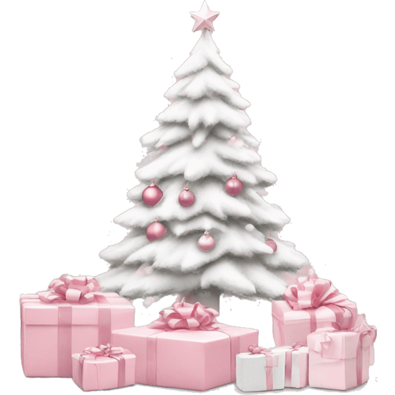 Light pink Christmas gifts under a white Christmas tree  emoji