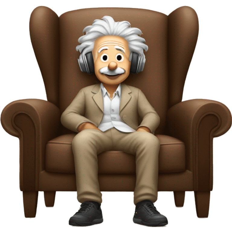 albert einstein happy listening music with just wireless headphones while sitting on the brown chair emoji