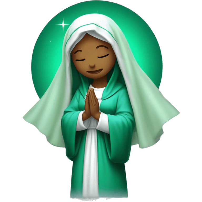 Virgin Mary: kind face looking down at the left Wearing an emerald green  robe and a light blue veil. Hands in prayer or blessing. Halo around her head. standing on a crescent moon.  emoji