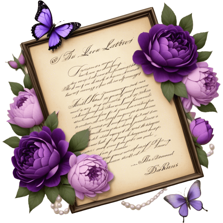 An antique love letter bundle, bound delicately with a purple silk ribbon, rests beside an arrangement of dried blush violet roses, lilac peonies, and soft purple dahlias, while a silver butterfly brooch adorned with pearls seems to pause, captivated by the deep violet inked calligraphy flowing across the aged parchment. emoji