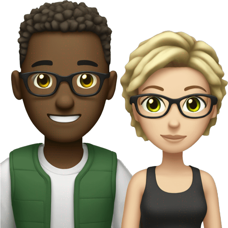 black male with spikey hair and glasses and white female with brown wavy hair , green eyes and glasses emoji