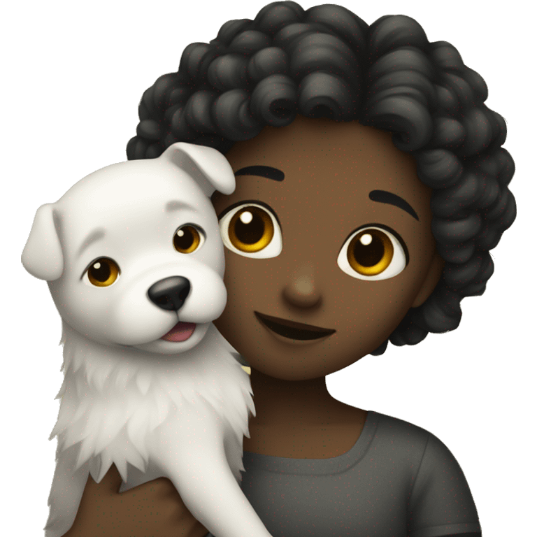 A girl with a dark square hugs a spitz emoji