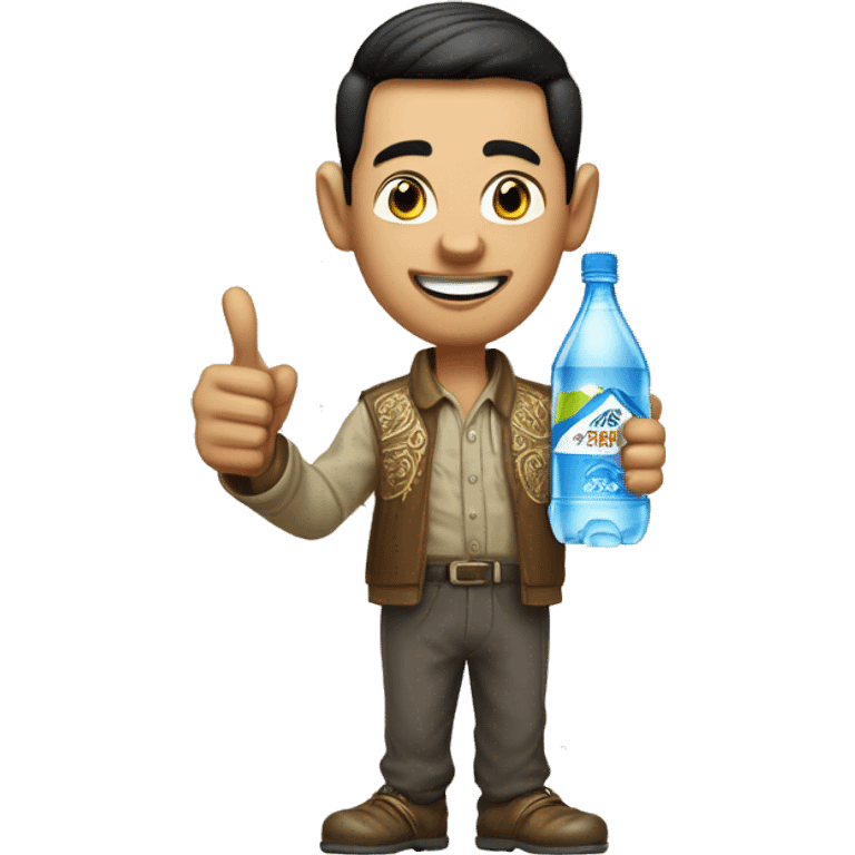 caricature of a man wearing Indonesian santri-style clothing holding a mineral water bottle pointed forward, and one hand giving a thumbs up.  emoji