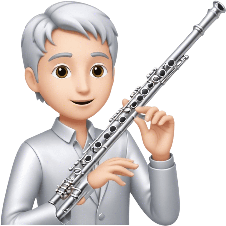 Cinematic Realistic Flute, polished silver metal with precise keywork, soft reflections of warm light dancing along its length, a musician’s delicate fingers pressing the keys, glowing with a sleek and elegant charm. emoji