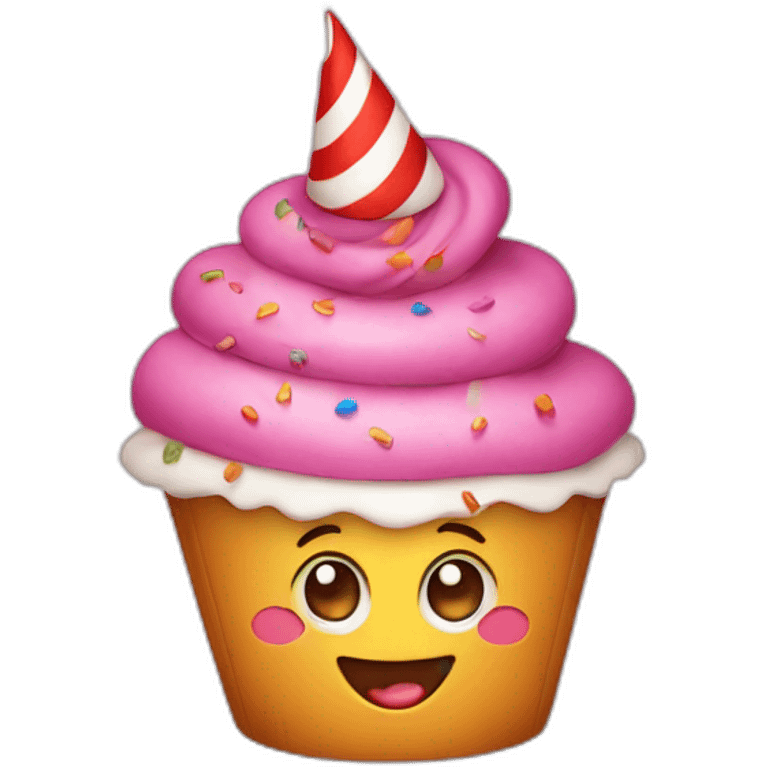 Happy cupcake wearing a birthday hat emoji