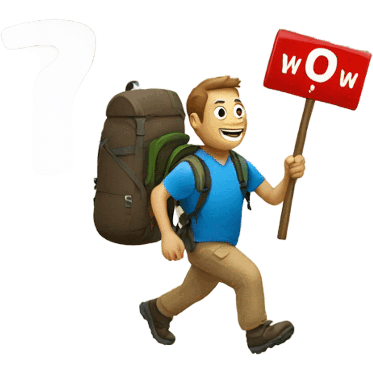 Man hiking with sign that says “Wow!” emoji