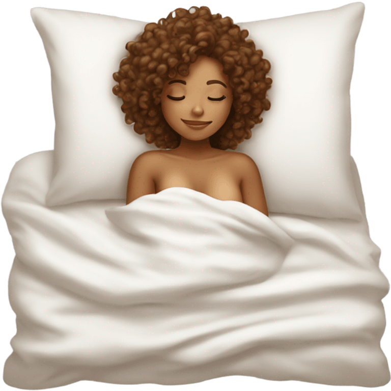 Carmel  skin Curly hair girl sleeping on white pillow in bed with white sheets cuddled up emoji