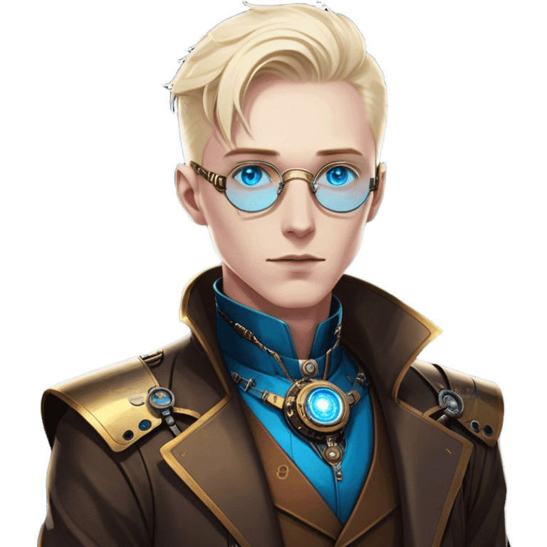 Dr. Numen Oppen is a rogue quantum physicist turned cybernetic oracle. He exudes elegance, mystery, and futuristic sophistication, standing against the neon skyline of a cyberpunk city, with striking blue eyes and a refined, brass-accented steampunk outfit.  emoji