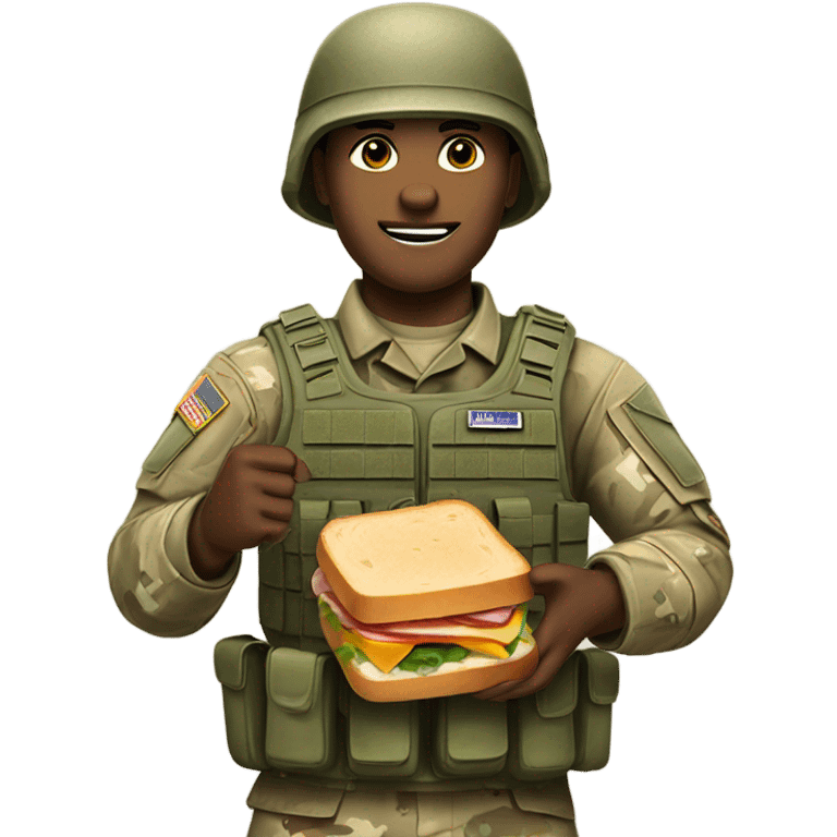 Army soldier with blue eyes and brown hair holding a sandwhich emoji