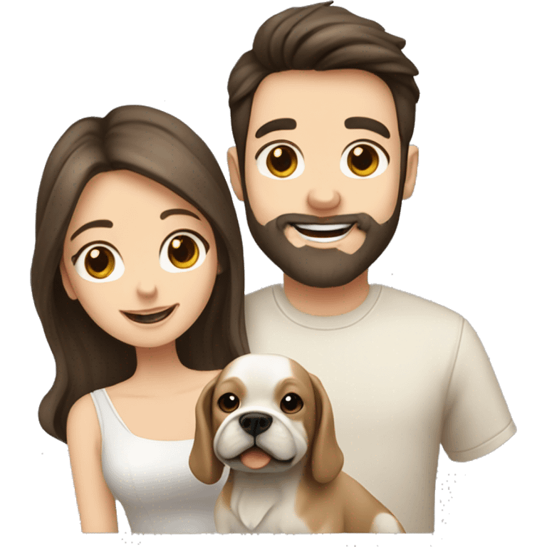 Brunette happy couple boy with beard and girl  with long hair with one cute beige French bull dog  emoji