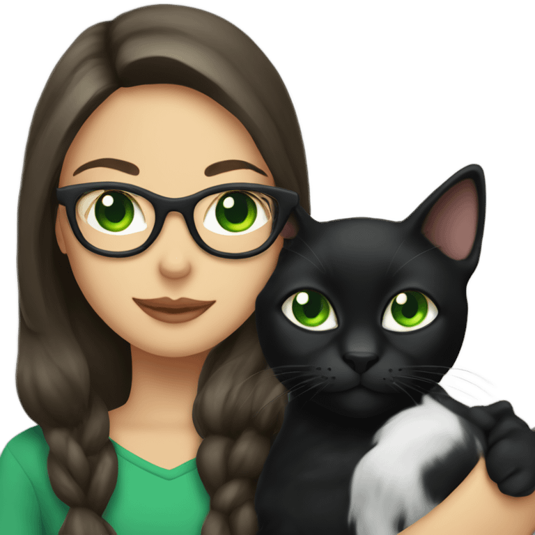 Black cat with green eyes holding by a brunette girl with glasses emoji