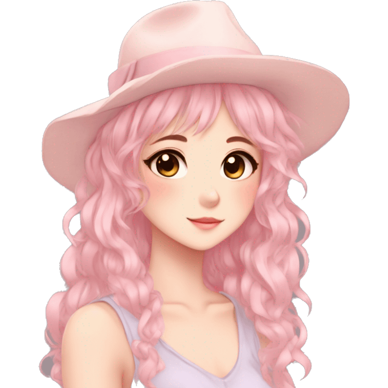 Gorgeous pastel anime girl with blushing face and hair garnitures and pretty hair and a hat aesthetic trending style emoji