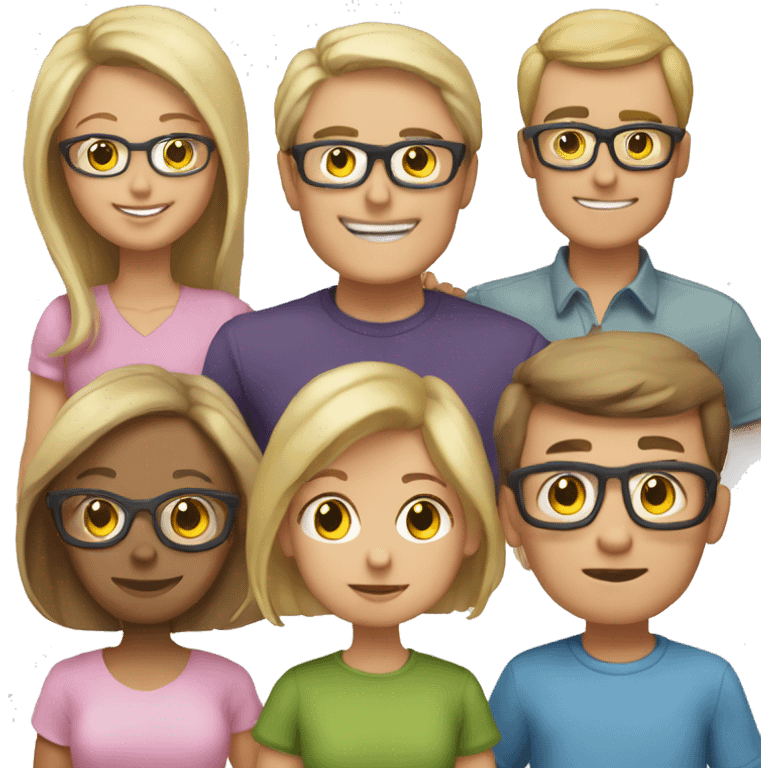 family of five, mother blond hair, father glasses, older daughter brown hair, too younger brothers blond emoji