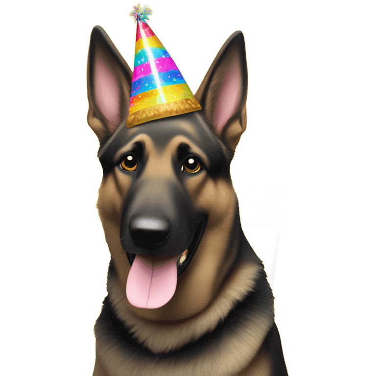 Blonde and black German shepherd with a party hat and a sign that says Happy Birthday To Me emoji