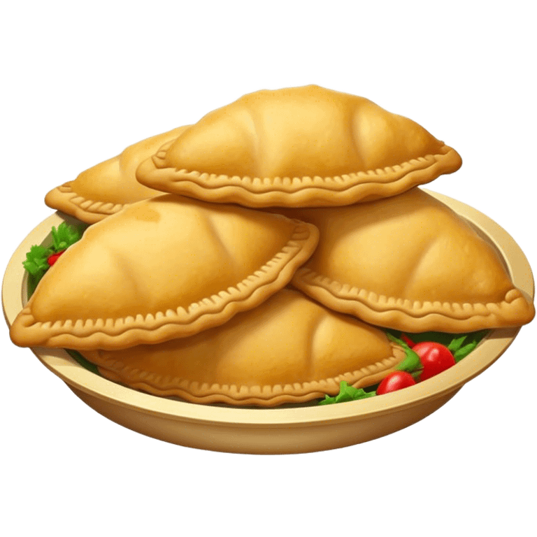 Empanadas Cinematic Realistic Empanadas Dish Emoji, depicted as crispy, golden empanadas made with cornmeal and filled with savory ingredients, rendered with rich textures and vibrant, appetizing lighting. emoji