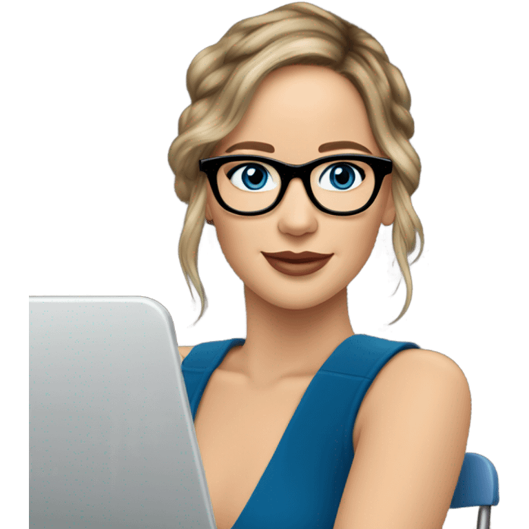 Realistic Photo of Brunette Jennifer Lawrence wearing black glasses and blue eyes talking on their laptop  emoji