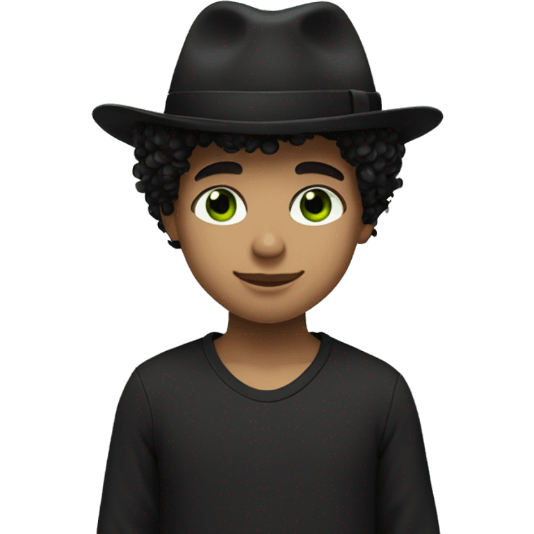 boy with black curly hair and black hat black shirt green eyes emoji