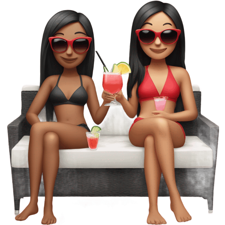 Two girls. One of them with long black hair, sunglasses on, red swimming suit, another one is short red hair, pink swimming suit, both drink cocktails and laying on the outdoor couch. Both a white skin emoji