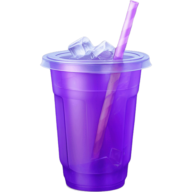 Realistic plastic cup and lid with Transluscent purple soda and large ice cubes inside and one straw through the top of the lid. emoji