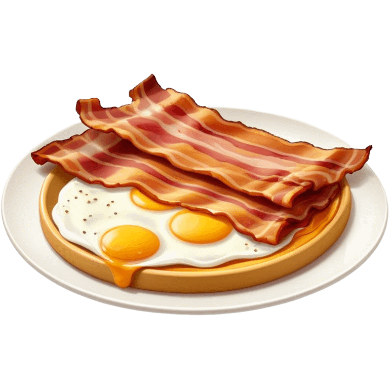 Cinematic crispy sizzling bacon, slightly curled, golden-brown with a perfect crunch, glistening with rich flavor, deep warm tones, served on a breakfast plate, comforting and indulgent. emoji