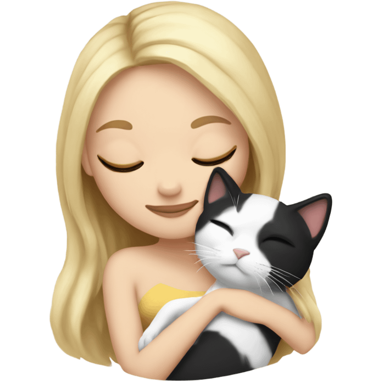 White girl blonde hair sleeping with kitty. kitty has black and white markings emoji