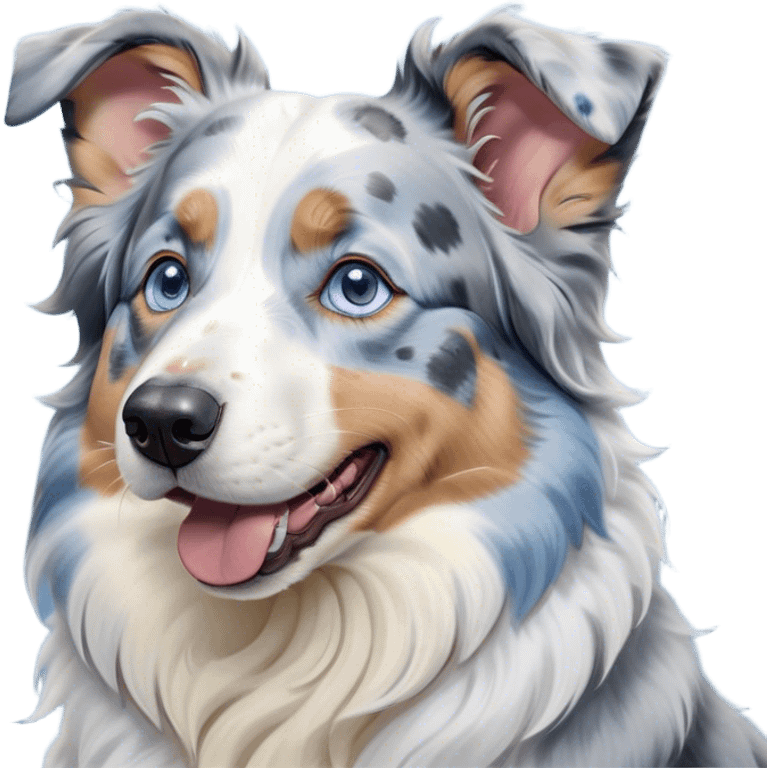 Cinematic Cute Yawning Blue Merle and White Australian Shepherd Portrait Emoji, Head tilted slightly with a dramatic, wide-open yawn, soft blue merle fur with crisp white accents, floppy ears slightly drooping, round blue eyes barely open in drowsy contentment, Simplified yet irresistibly adorable features, highly detailed, glowing with a soft, cozy glow, high shine, relaxed yet expressive, stylized with a touch of whimsy, bright and endearing, soft glowing outline, capturing the essence of a sleepy yet affectionate pup, so drowsy it feels like it could stretch right out of the screen and curl up for a nap! emoji