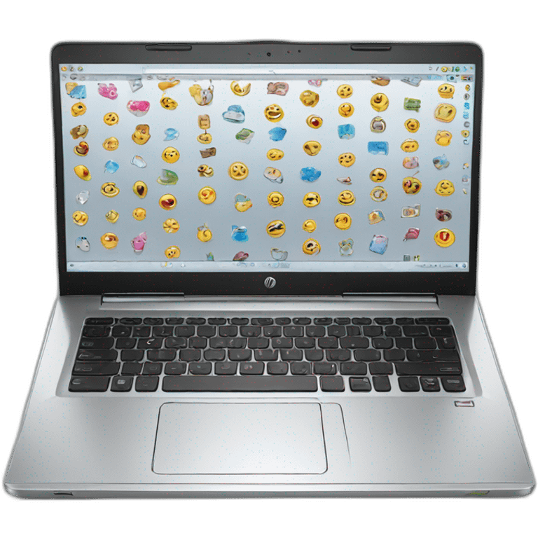 a silver hp pavillion laptop with stickers on it emoji