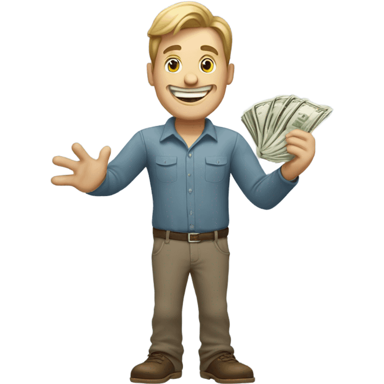 Caucasian Man sticking out his hand with money and a big smile emoji