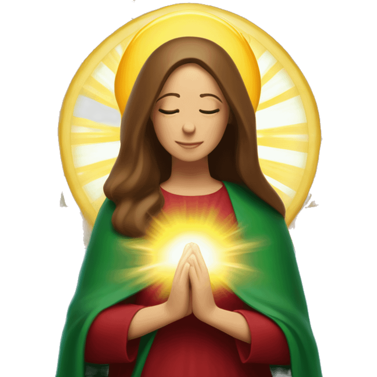 Virgin Mary: kind face looking down at the left, long brown hair, Wearing an emerald green  robe with gold stars and a burgundy red dress,  Hands in prayer or blessing. Halo around her head. standing in front of a big sun. colorful roses on the sides  emoji