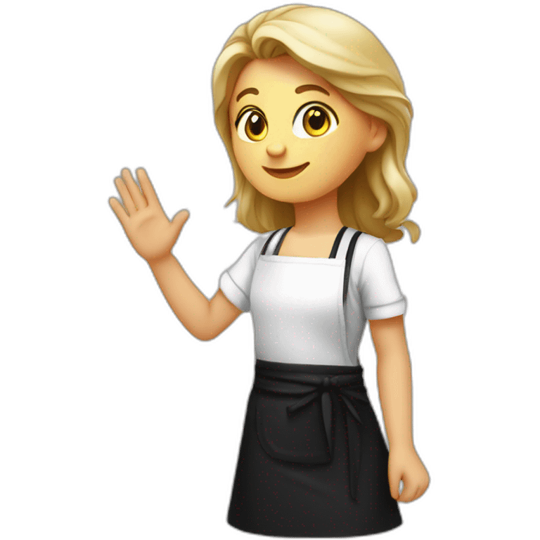 Slavic girl in a white T-shirt and a black apron waves hello with her right hand emoji