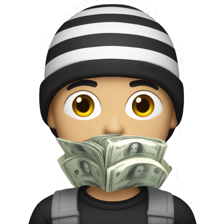 robber with grey beanie, striped black and white shirt,and bag of money emoji