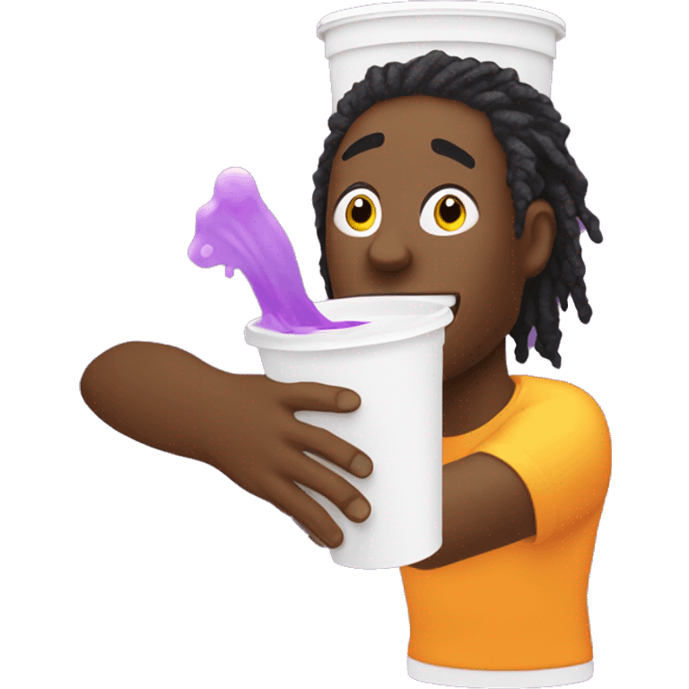 black guy with orange dreads pouring a yellow stream into a white styrofoam cup with purple juice emoji