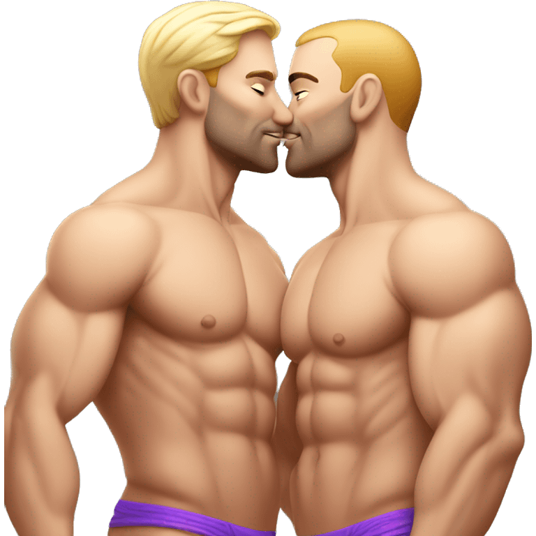 Caucasian Muscular gay men kissing wearing bikini emoji