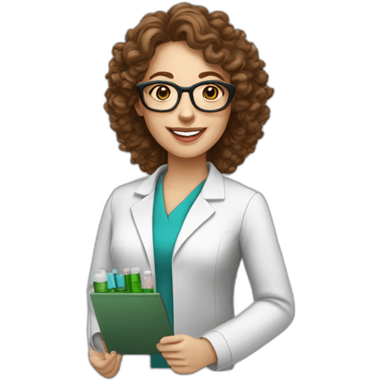 pharmacist white woman brown curly hair with test tube glasses emoji