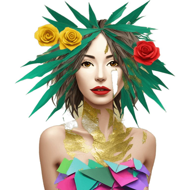  Hemp 420 lady face melting gold drizzle kintsugi multicoloured funky palm leaves tropical made of 420 origami newspaper roses hemp leaves bokeh and paper and hemp leaves in hair emoji