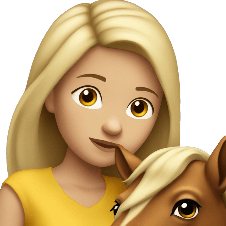 Dark blonde girl wearing sleeveless yellow shirt snuggling brown horse emoji