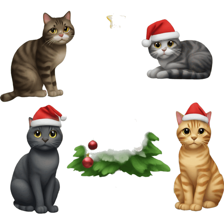 Four different cats sitting under a Christmas tree  emoji