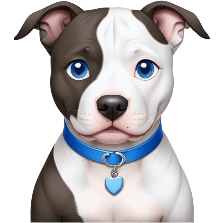 Black and white pit bull, white in the middle of the snout, white chest, white tips of the paws, blue eyes, with a blue emoji