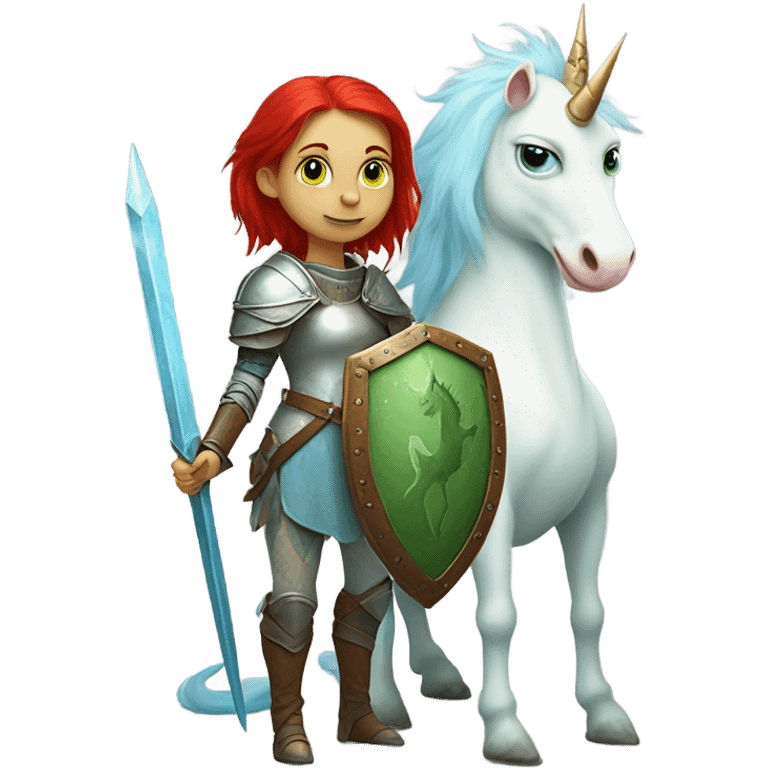 medieval shield: [politically incorrect, (
	{ female, alien, color: light green, hair:red, eyes:cat} ]
	on a 
	[{ unicorn: white, legged:four, mane: light blue }]) emoji