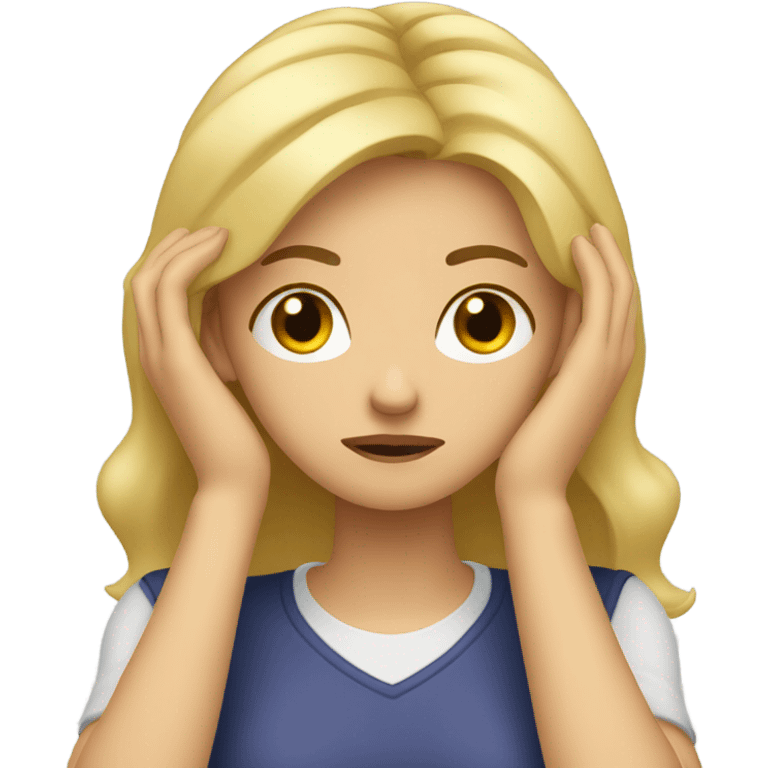 Blonde girl with headache hands on head frown  emoji