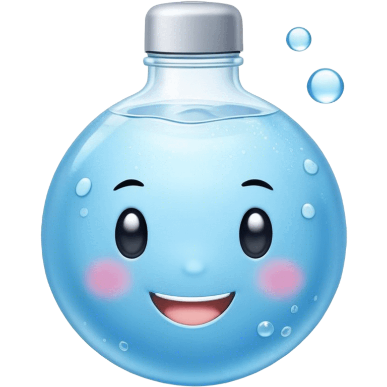 Cute Kawaii Water Bottle, round and bubbly, soft blue with tiny water droplets around, a happy smiling face, gentle glowing highlights, fresh and refreshing vibes! emoji