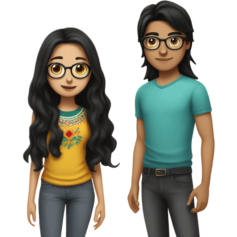 teen mexican couple together boy with glasses and black hair, the girl has long dark hair and is has light fair skin emoji