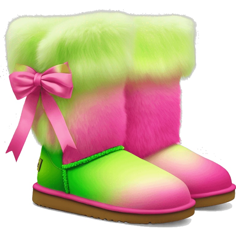 Realistic pair of hot pink to lime green ombre fur Ugg boots with silk ribbon bows. emoji