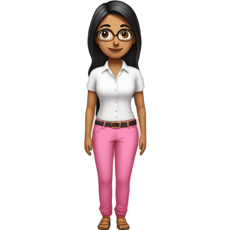 Indian standing lady wear white shirt & pink pant black hair also have spectacle emoji