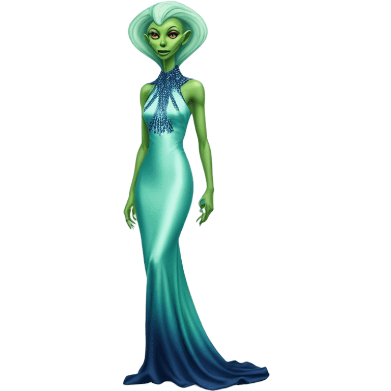 reptilian green alien woman, in long slim pastel blue formal party satin dress with gradient shiny sparkling navy blue diamonds embroidered, full body full figure emoji