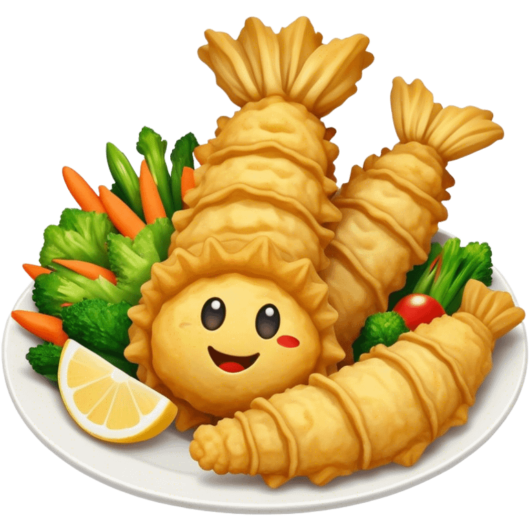 Tempura Cinematic Realistic Tempura Dish Emoji, depicted as extra crispy, lightly battered seafood and vegetables, rendered with vivid textures and dynamic, bright lighting. emoji