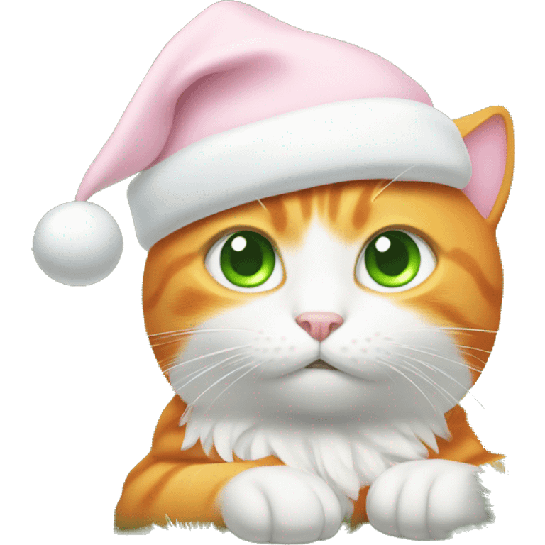 orange cat with green eyes and white angel wings and light pink christmas hat emoji