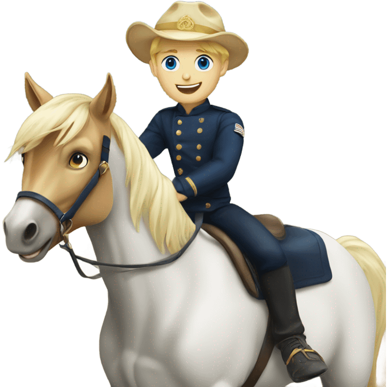 Blond boy with a navy hat and blue eyes riding a horse emoji