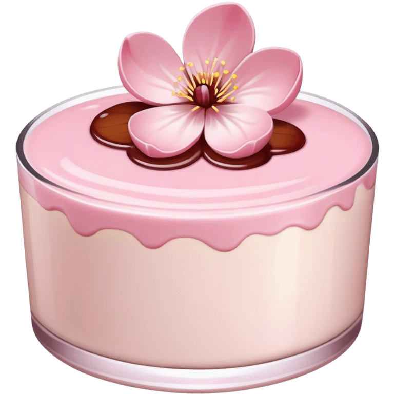 A cherry blossom on the light pink pudding emoji